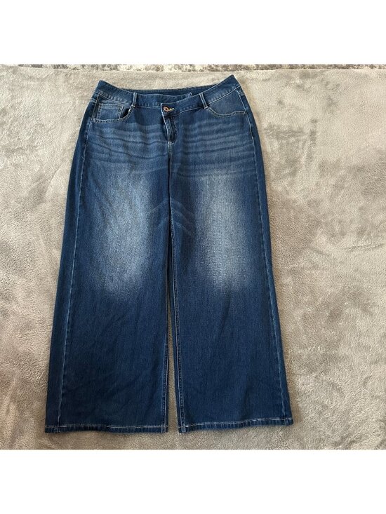 HALARA Denim - Halara Dark Wash Wide Leg Crossover Jeans Women's size LARGE Supersoft Flex